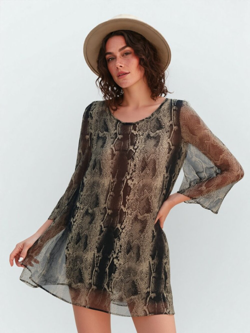 Romeo & Julliet Couture Snake Print Sheer Mini Dress - Neutral Tones